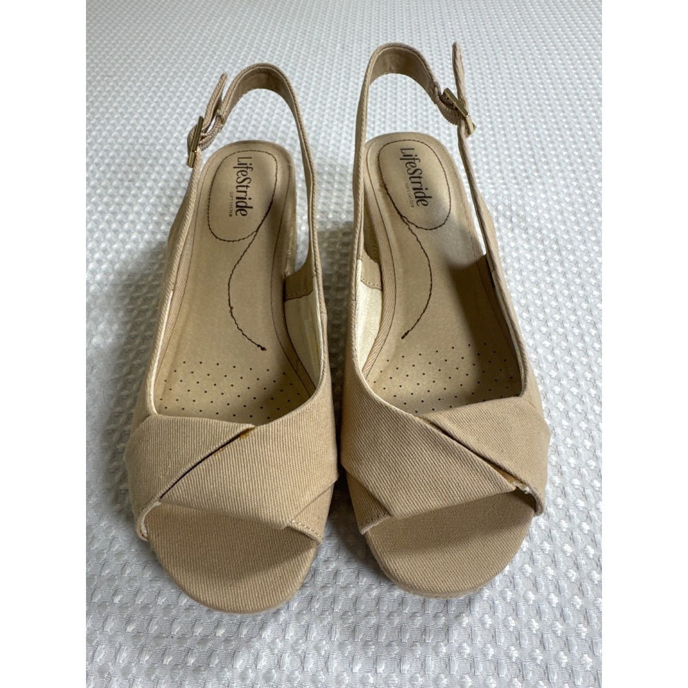 LifeStride Wedge Sandals Womens 9.5M Socialite Tan Espadrille Peep Toe Slingback